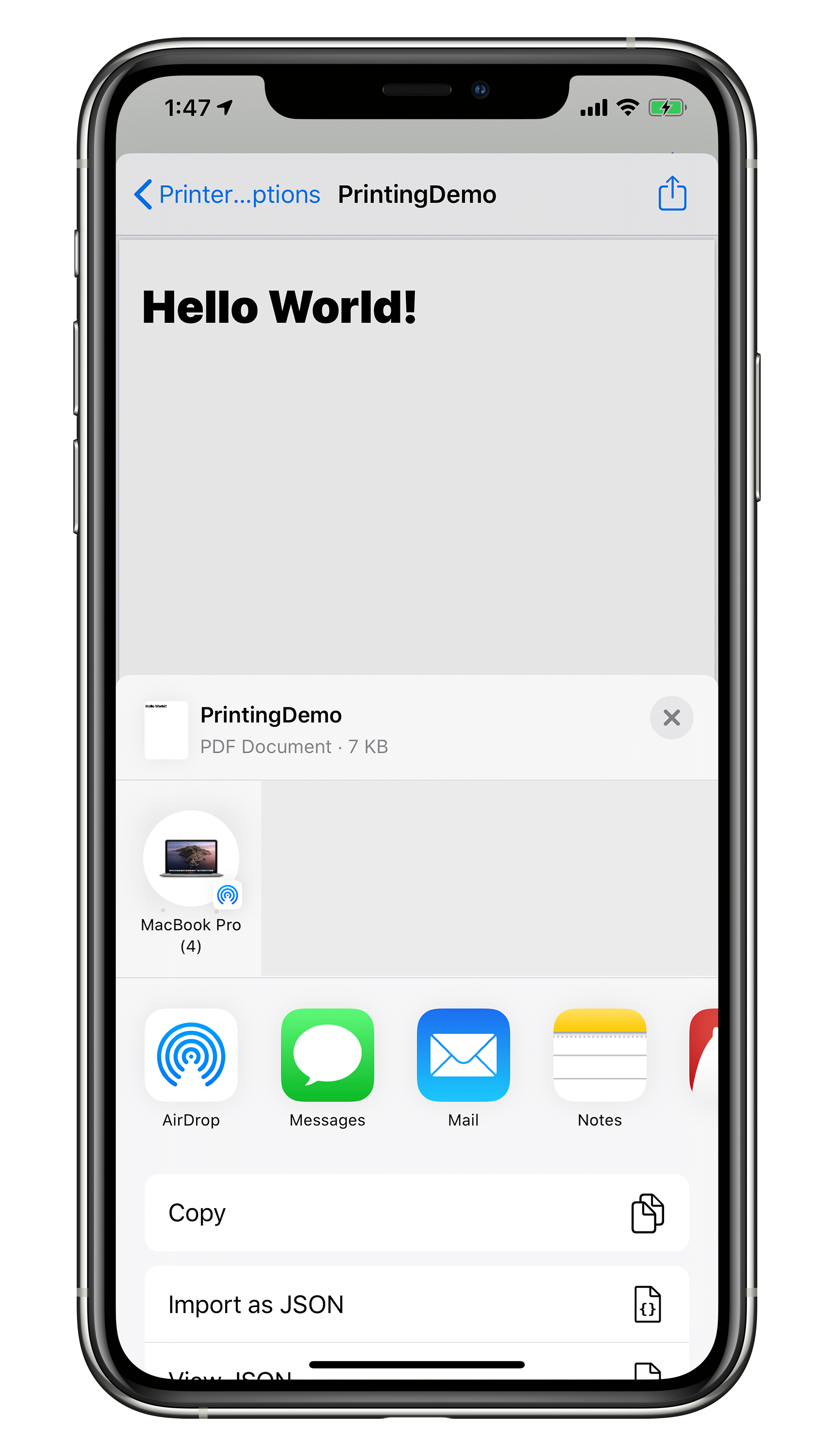 Screenshot of sharing PDF using print action
