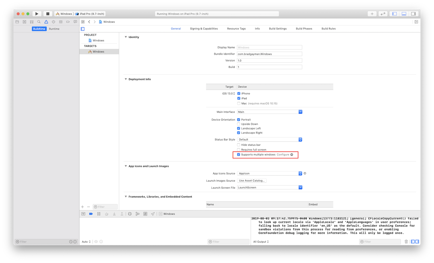 Screenshot of project settings.