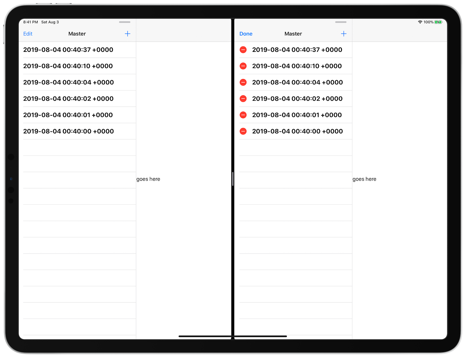 Screenshot of app running in two windows, but delete not working.