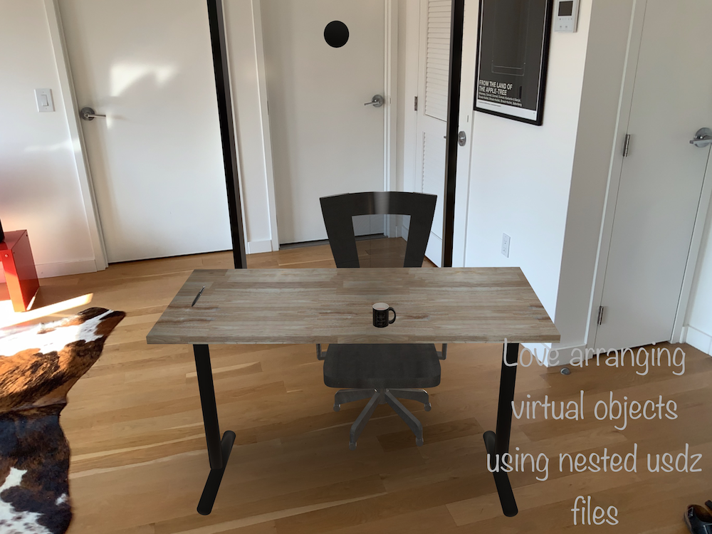 Marked up screenshot of AR sceen with multiple virtual office objects arranged.