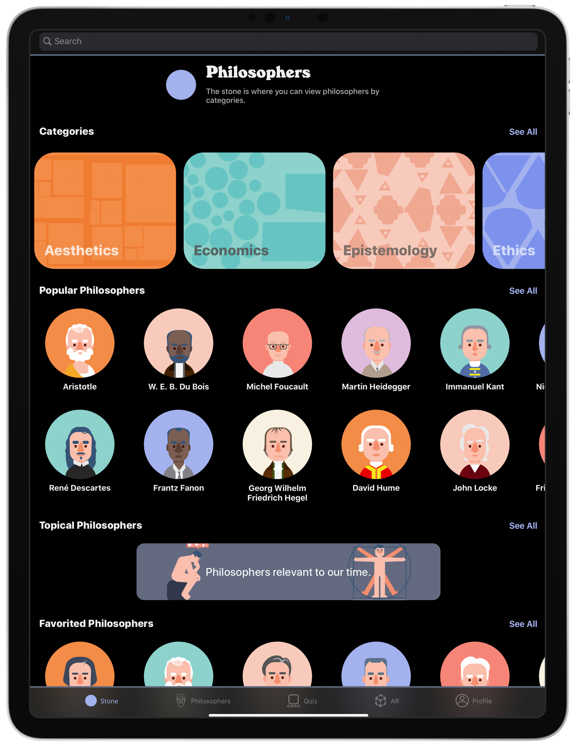 Philosophers home screen with dark mode